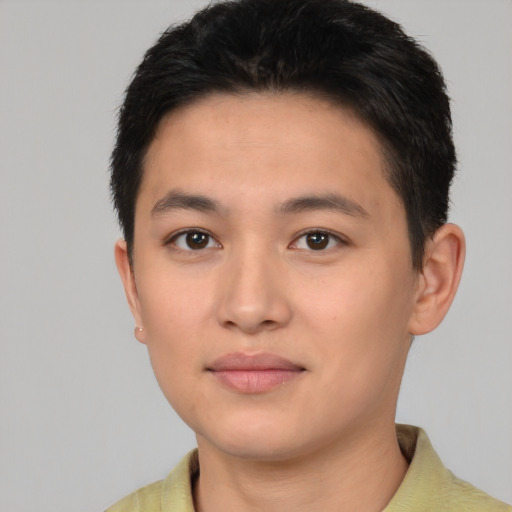 Neutral asian young-adult male with short  black hair and brown eyes