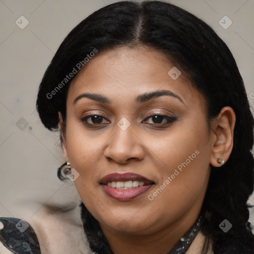 Joyful latino young-adult female with medium  brown hair and brown eyes