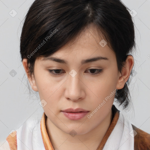 Neutral asian young-adult female with medium  brown hair and brown eyes