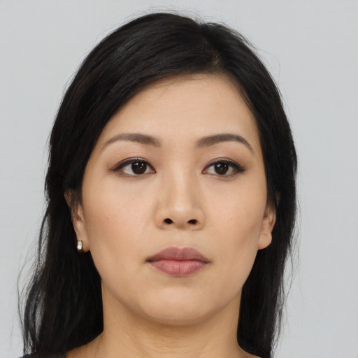 Neutral asian young-adult female with long  black hair and brown eyes