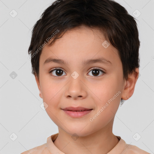 Joyful white child female with short  brown hair and brown eyes