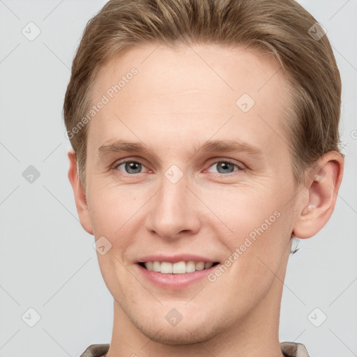 Joyful white young-adult female with short  brown hair and grey eyes