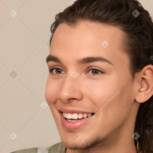 Joyful white young-adult male with medium  brown hair and brown eyes