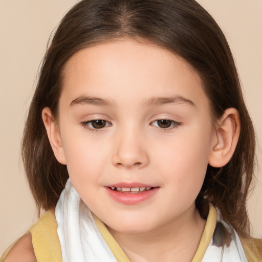 Joyful white child female with medium  brown hair and brown eyes