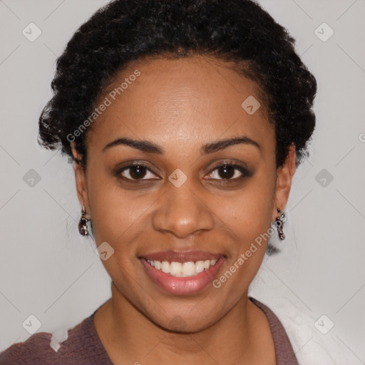 Joyful latino young-adult female with short  black hair and brown eyes