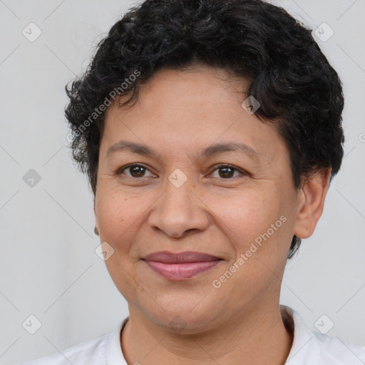 Joyful white adult female with short  brown hair and brown eyes