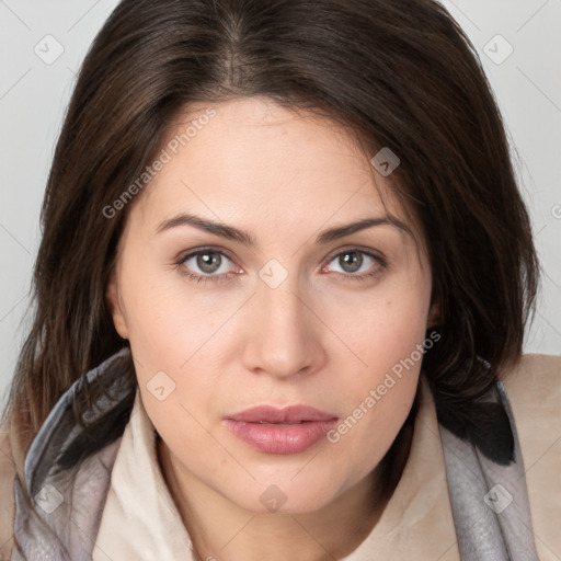 Neutral white young-adult female with medium  brown hair and brown eyes