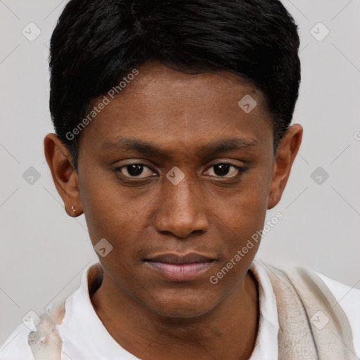 Neutral black young-adult male with short  brown hair and brown eyes
