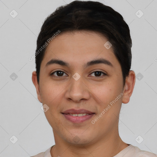 Joyful white young-adult female with short  brown hair and brown eyes