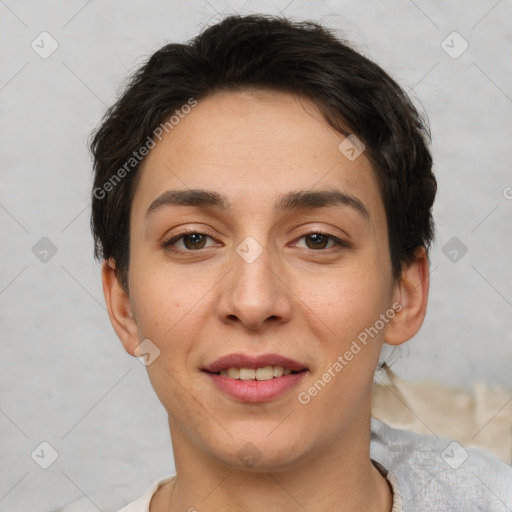 Joyful white young-adult female with short  brown hair and brown eyes