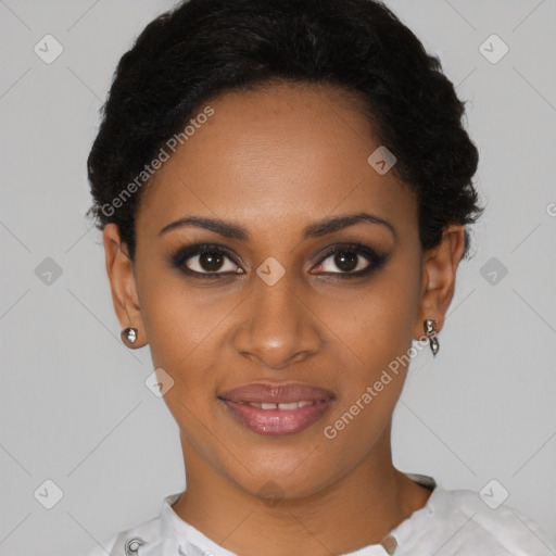 Joyful black young-adult female with short  brown hair and brown eyes