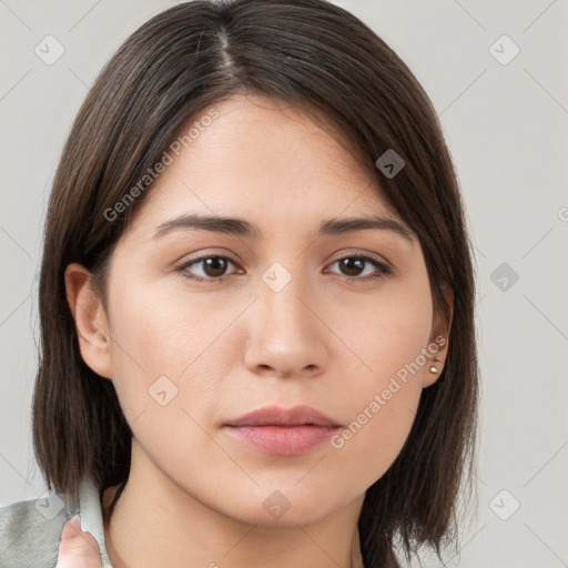 Neutral white young-adult female with medium  brown hair and brown eyes