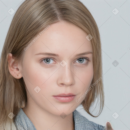 Neutral white young-adult female with medium  brown hair and grey eyes