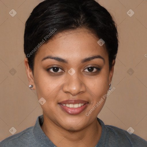 Joyful latino young-adult female with short  black hair and brown eyes