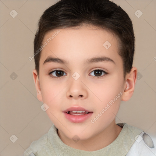 Joyful white child female with short  brown hair and brown eyes