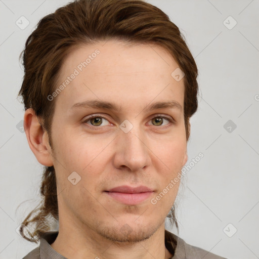 Joyful white young-adult female with short  brown hair and grey eyes