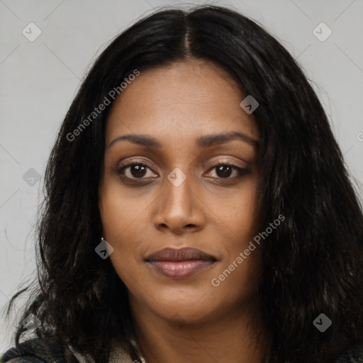 Joyful asian young-adult female with long  black hair and brown eyes