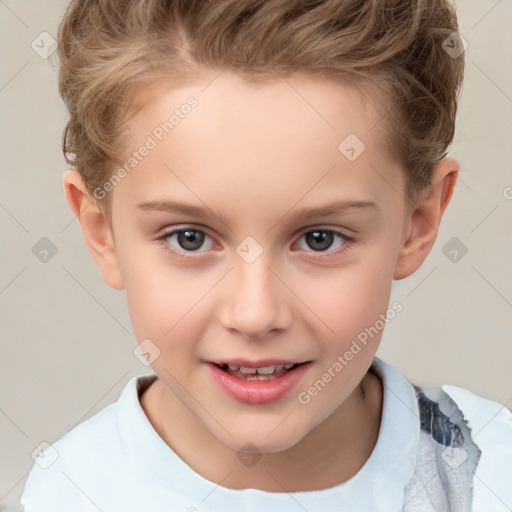 Joyful white child female with short  brown hair and brown eyes