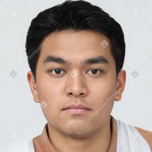 Neutral asian young-adult male with short  black hair and brown eyes