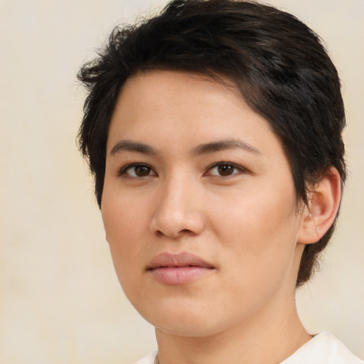 Joyful asian young-adult female with short  brown hair and brown eyes