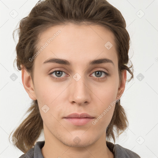 Neutral white young-adult female with medium  brown hair and grey eyes