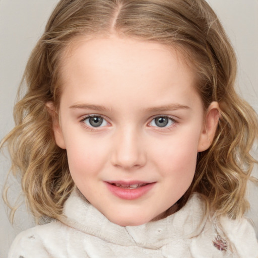 Joyful white child female with medium  brown hair and grey eyes