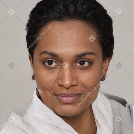 Joyful latino young-adult female with short  black hair and brown eyes