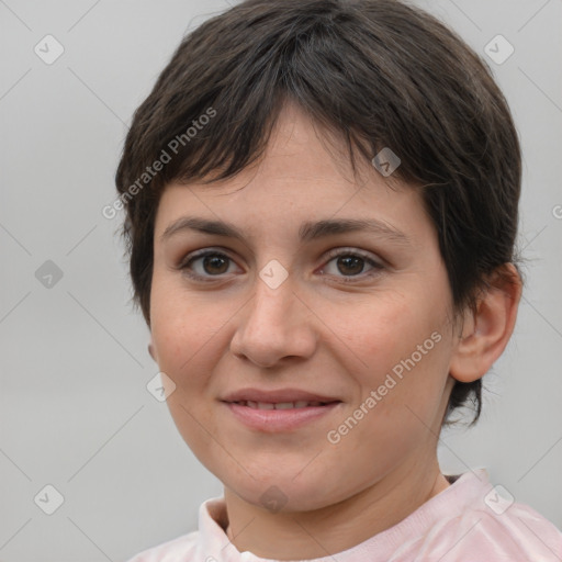 Joyful white young-adult female with medium  brown hair and brown eyes