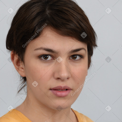 Neutral white young-adult female with medium  brown hair and brown eyes