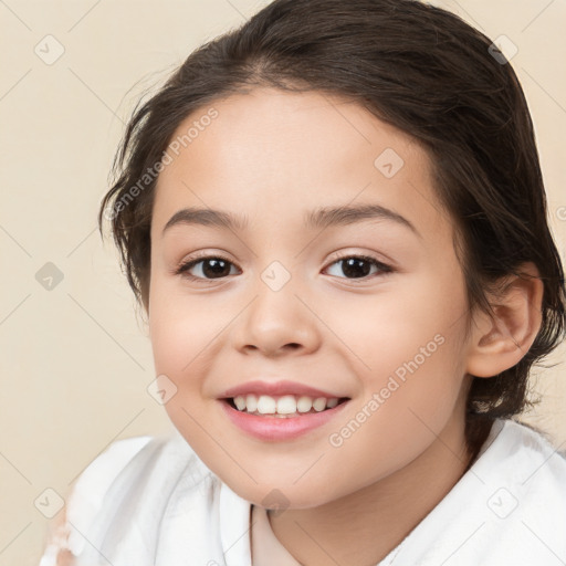 Joyful white child female with medium  brown hair and brown eyes