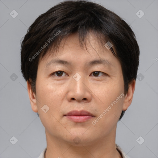 Joyful asian adult female with short  brown hair and brown eyes