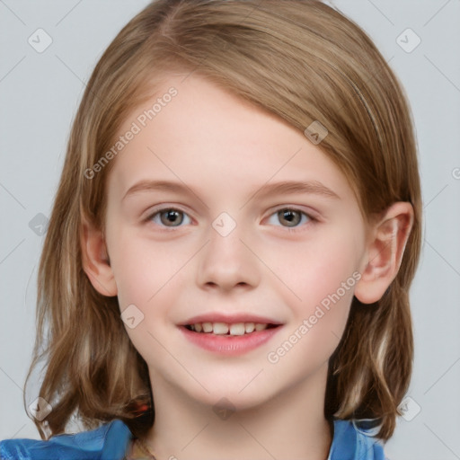 Joyful white child female with medium  brown hair and blue eyes