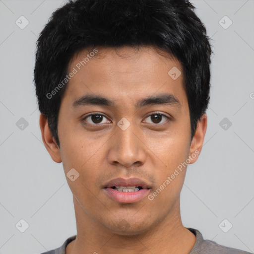 Neutral asian young-adult male with short  black hair and brown eyes