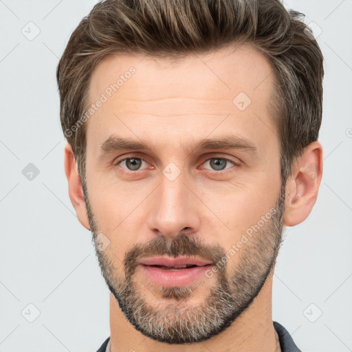 Neutral white adult male with short  brown hair and brown eyes