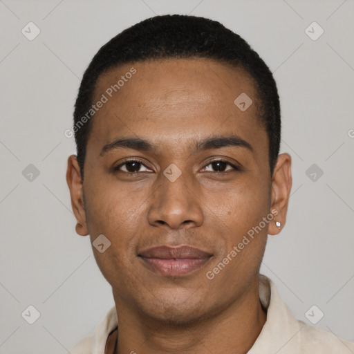 Joyful black young-adult male with short  black hair and brown eyes