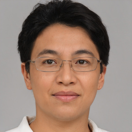 Joyful asian adult male with short  brown hair and brown eyes