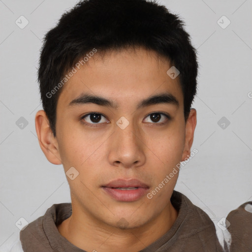 Neutral asian young-adult male with short  brown hair and brown eyes