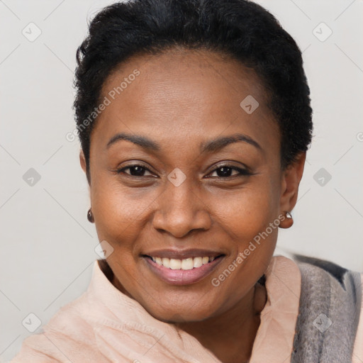 Joyful black adult female with short  brown hair and brown eyes
