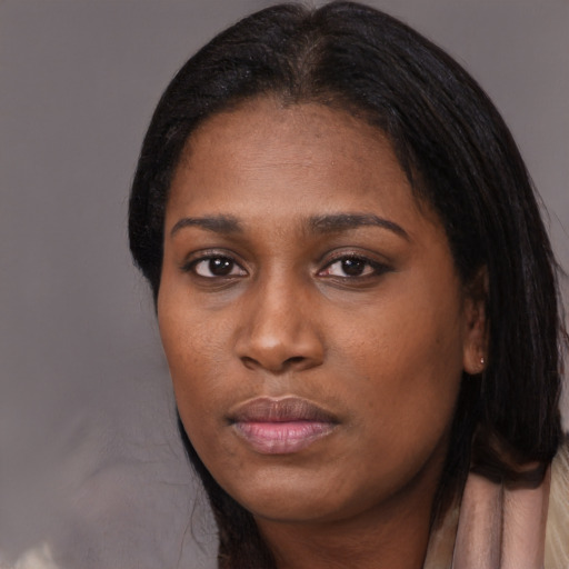 Neutral black young-adult female with long  black hair and brown eyes