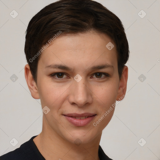 Joyful white young-adult female with short  brown hair and brown eyes