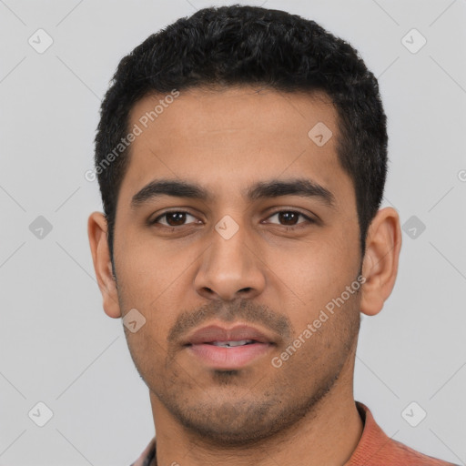 Neutral latino young-adult male with short  black hair and brown eyes