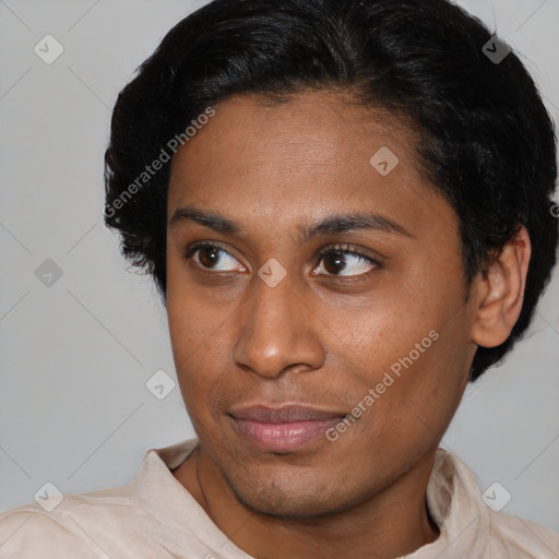 Joyful latino young-adult female with short  brown hair and brown eyes