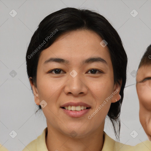 Joyful asian young-adult female with medium  brown hair and brown eyes