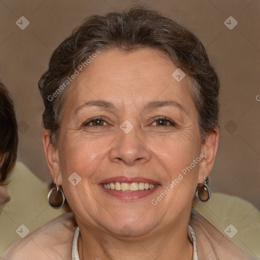 Joyful white adult female with short  brown hair and brown eyes