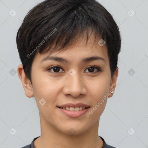 Joyful asian young-adult female with short  brown hair and brown eyes