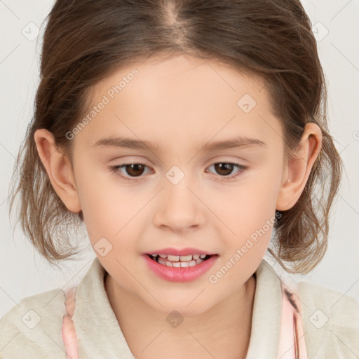 Joyful white child female with medium  brown hair and brown eyes