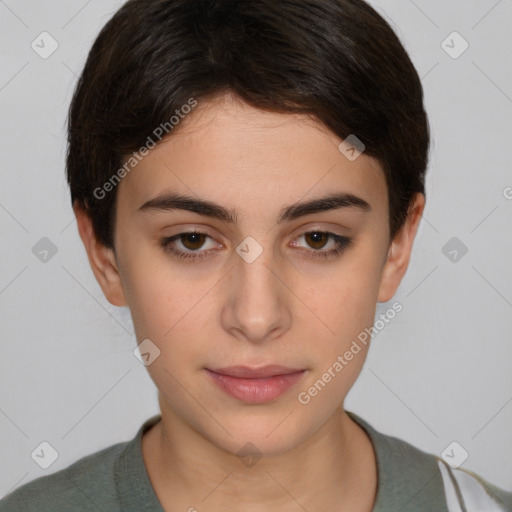 Neutral white young-adult female with medium  brown hair and brown eyes