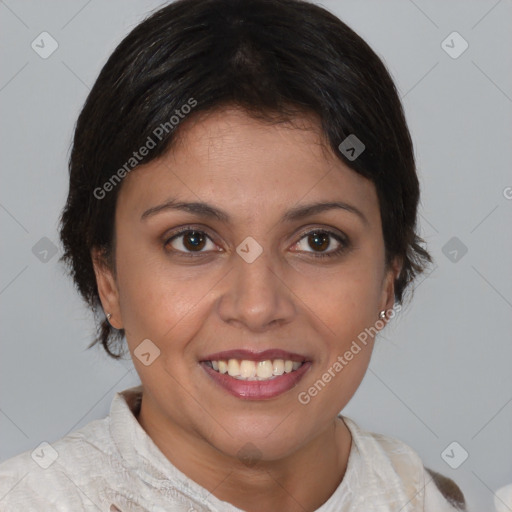 Joyful white young-adult female with medium  brown hair and brown eyes