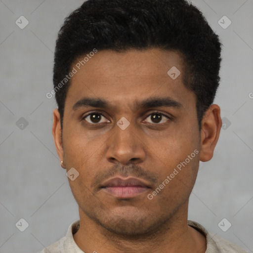 Neutral latino young-adult male with short  black hair and brown eyes