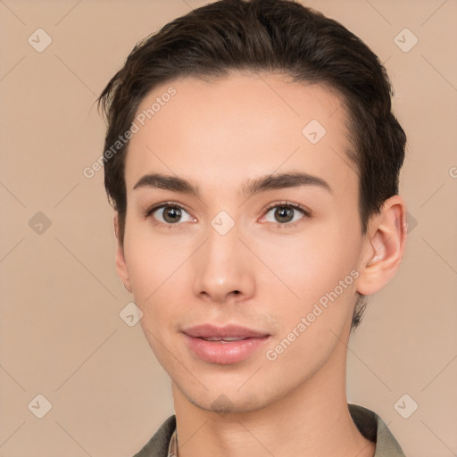 Neutral white young-adult male with short  brown hair and brown eyes